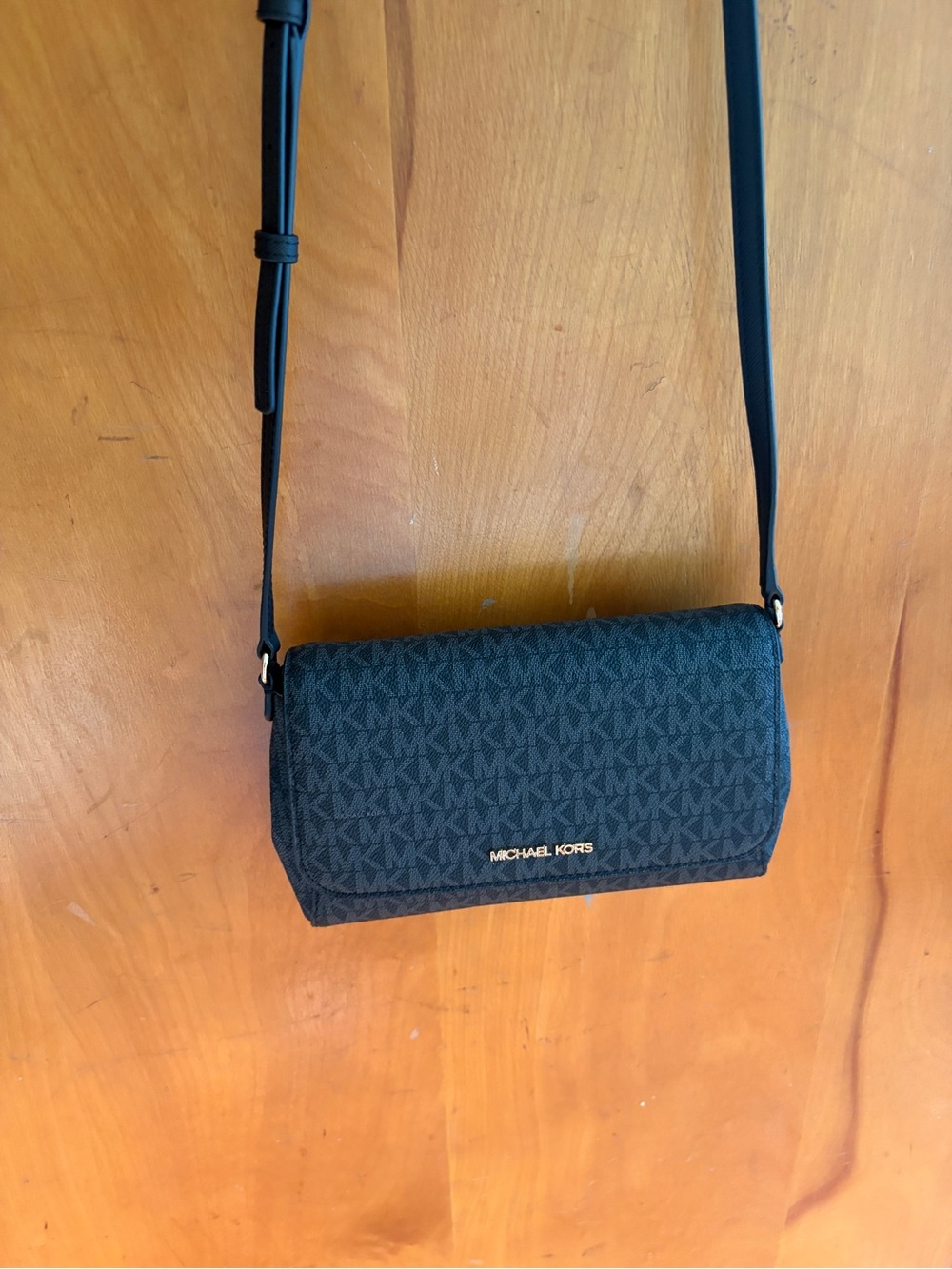 Michael Kors Black Logo-Print Crossbody with Gold Logo